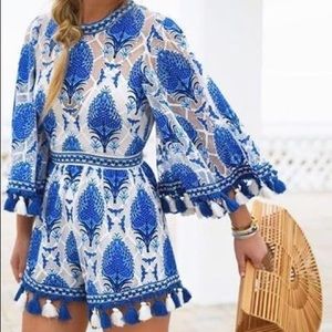 Goodnight Macaroon Blue Embroidered Tassel Romper